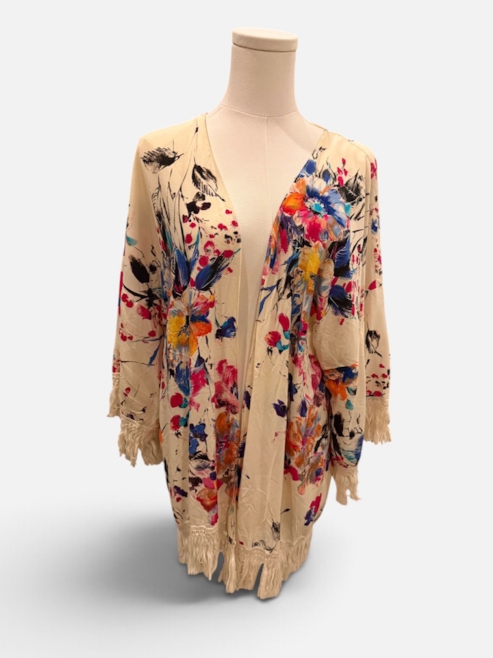 Umgee Cream Floral Fringe Open-Front Cardigan with Multicolor Print